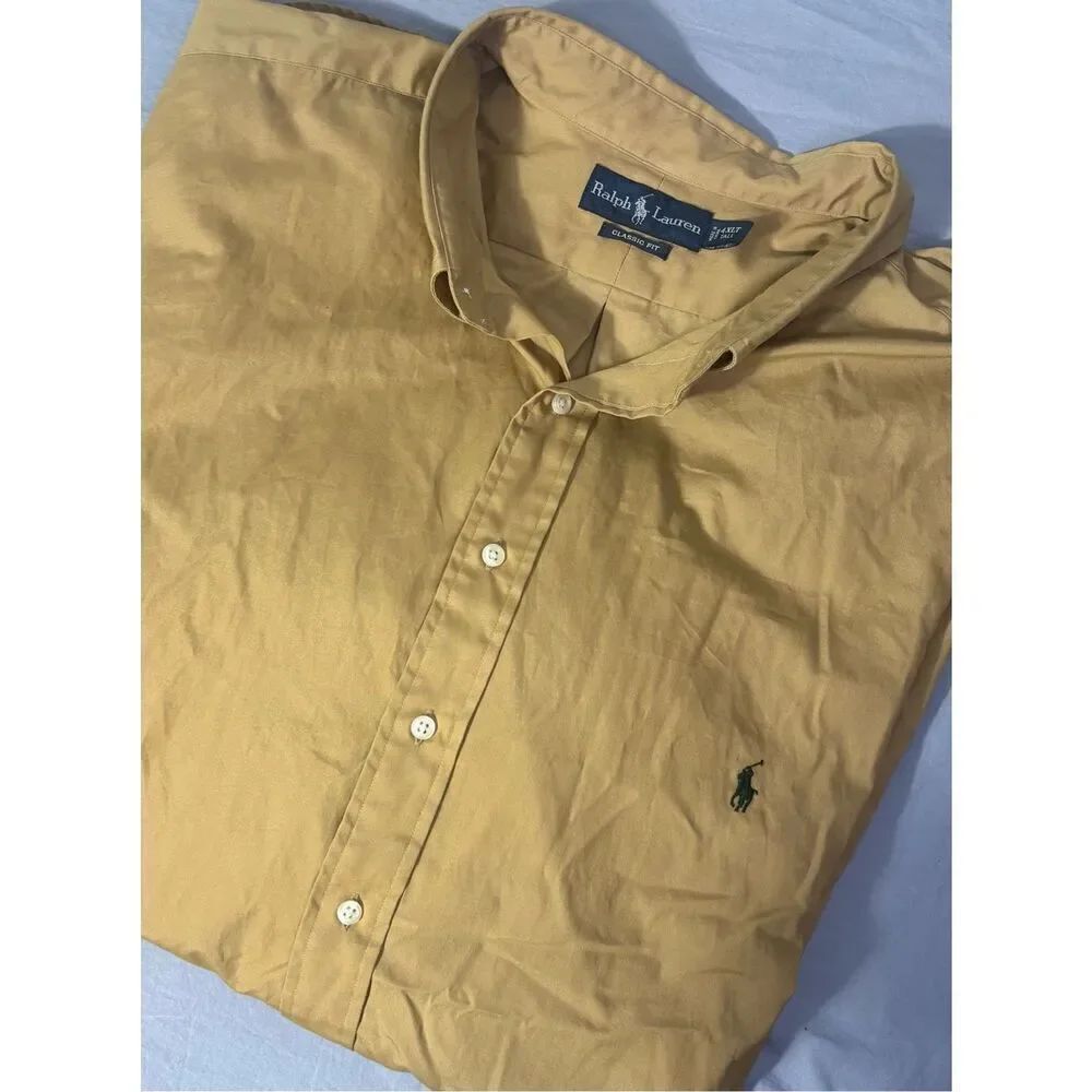 Ralph Lauren Mens Shirt 4XLT Tan Brown Button Long Sleeve Green Pony